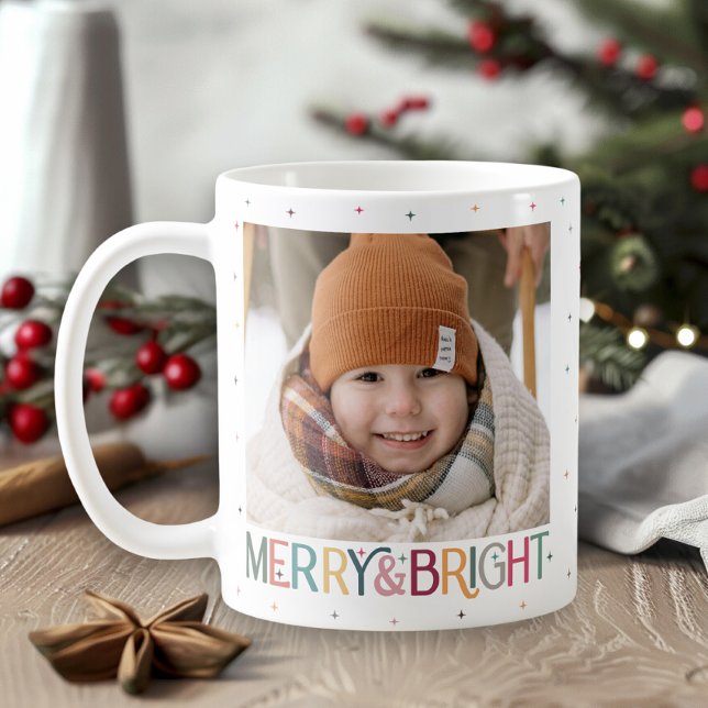 Färgfull Retro Merry och Bright Stars Photo Kaffemugg (Skapare uppladdad)