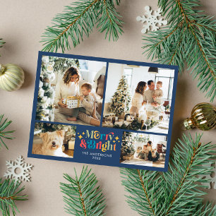 Färgfull Retro Merry och ljus 4-fotojul Helg Vykort