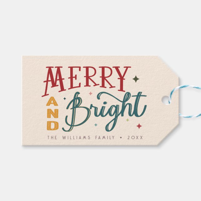 Färgfull Retro Merry och ljus jul Presentetikett (Framsidan (Horisontell))