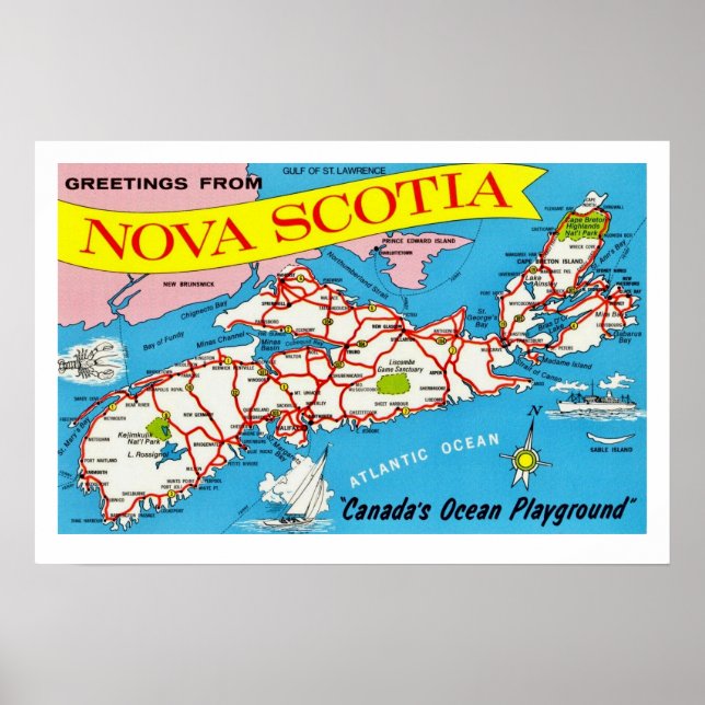 Färgfull Retro Nova Scotia Karta Skriv ut Poster (Framsidan)
