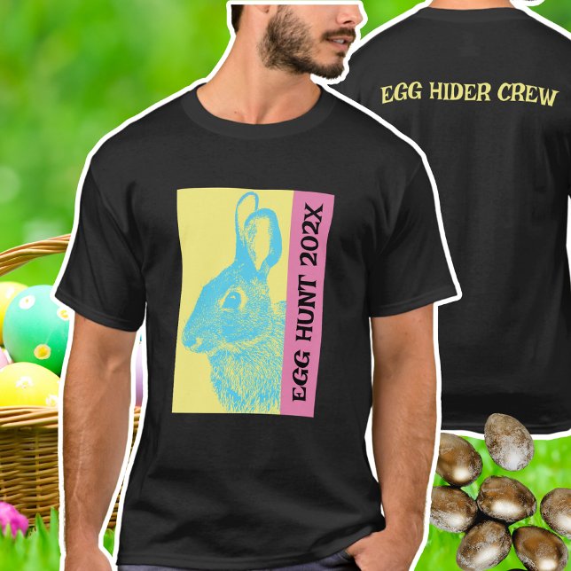 Färgfull Retro Officiell Egg Hunt Crew Påsk T Shirt (Egg Hunt Hider Retro Bunny Rabbit Customizable Text Black T-shirt sizes for everyone in your family)