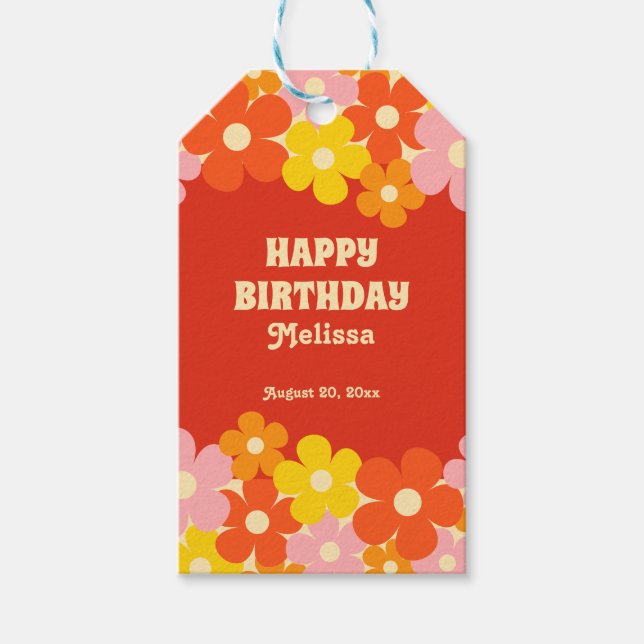 Färgfull Retro-Orange Boho blommar 50:e födelsedag Presentetikett (Framsidan)