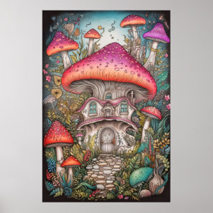 Färgfull Retro Psychedelic Mushroom Illustration Poster