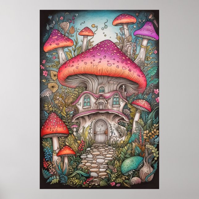 Färgfull Retro Psychedelic Mushroom Illustration Poster (Framsidan)