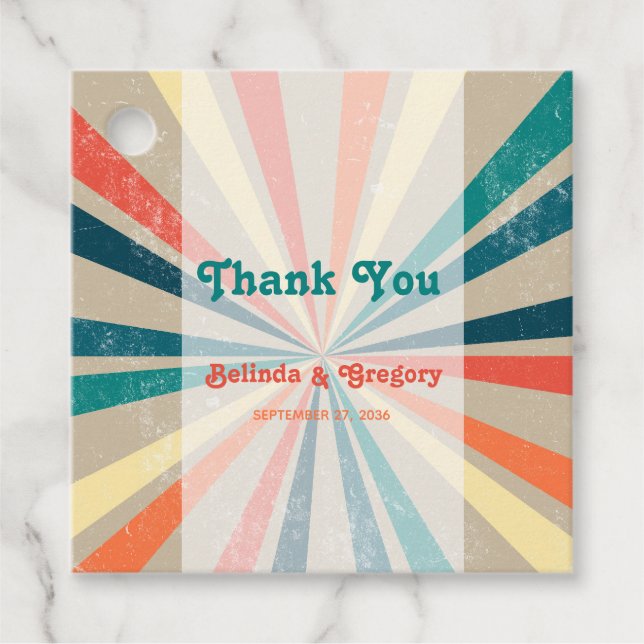 Färgfull retro Rainbow Sunburst Bröllop Gåvor Etiketter (Framsida)