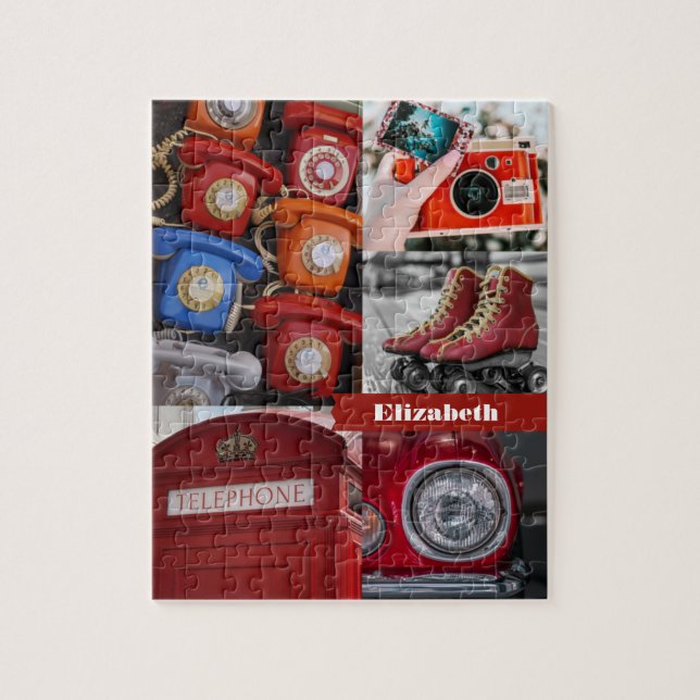 Färgfull retro Red Aesthetic Photo Collage Namn Pussel (Vertikal)