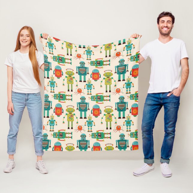 Färgfull Retro Robots Mönster Fleecefilt (På plats)