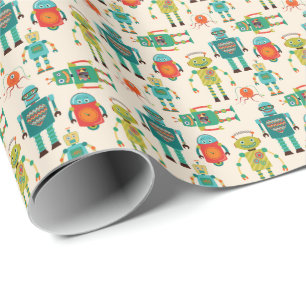 Färgfull Retro Robots Mönster Presentpapper