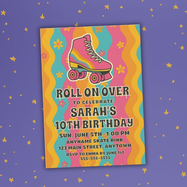 Färgfull Retro Roller Skating Girl Födelsedagsfest Inbjudningar (Colorful Retro Roller Skating Girl Birthday Party Invitation
)
