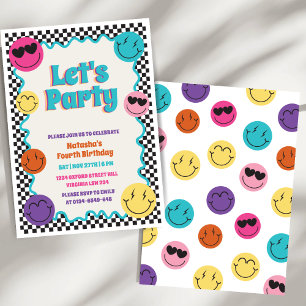 Färgfull Retro Smiles Emoji Checker Barns födelsed Inbjudningar