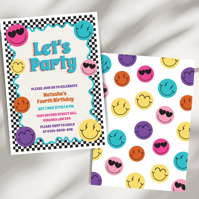Färgfull Retro Smiles Emoji Checker Barns födelsed Inbjudningar (Skapare uppladdad)