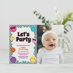 Färgfull Retro Smiles Emoji Checker - födelsedag Inbjudningar