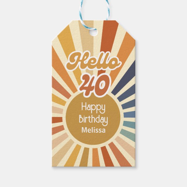 Färgfull Retro Sol Groovy Wave-Hej 40:e födelsedag Presentetikett (Framsidan)