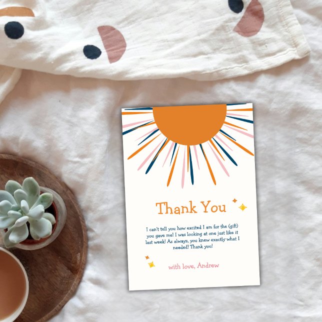 Färgfull Retro Sunshine Baby Shower Tack Kort (Colorful Retro Sunshine Baby Shower Thank You Card)
