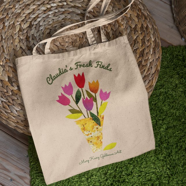 Färgfull Retro Tulips Personlig Hälsosam kost Tygkasse (Chic script typography matches the retro look of the colorful vase of tulips, my original art.)