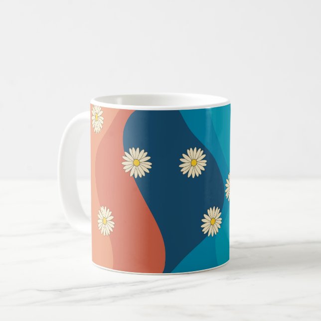 Färgfull Retro Vågar & Daisy Mönster Kaffemugg (Framsida vänster)