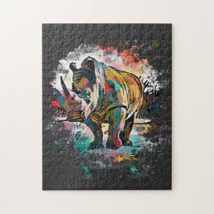 Färgfull Rhinoceros! Svart svårighet Pussel
