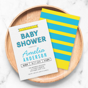 Färgfull Roligt blå och Gult modern babystövel Inbjudningar