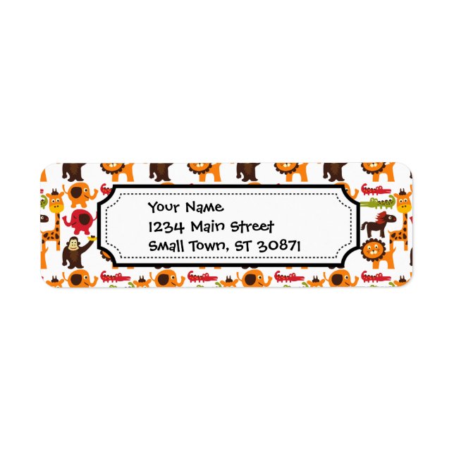 Färgfull Roligt Cute Jungle Village Safari Zoo Ani Returadress Etikett (Framsidan)