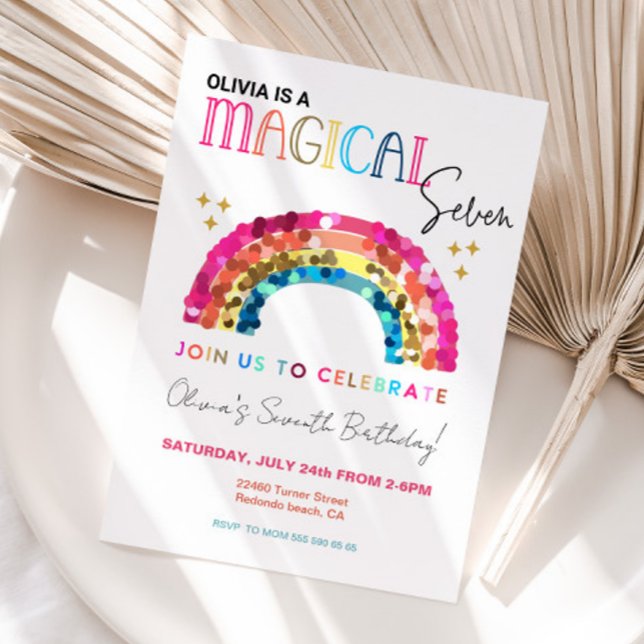 Färgfull Sequin Regbow 7:e magiska födelsedag Inbjudningar (Rainbow invitation, magical seventh birthday)