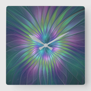 Färgfull shiny Fantasy Flower Abstrakt Fractal Art Fyrkantig Klocka