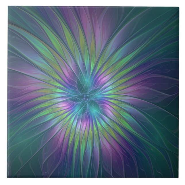 Färgfull shiny Fantasy Flower Abstrakt Fractal Art Kakelplatta (Framsidan)