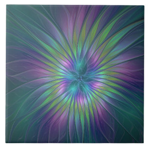 Färgfull shiny Fantasy Flower Abstrakt Fractal Art Kakelplatta
