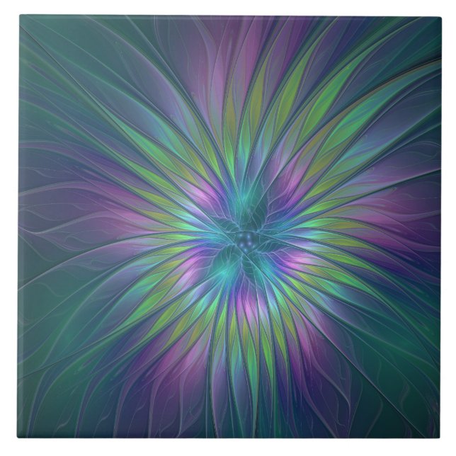 Färgfull shiny Fantasy Flower Abstrakt Fractal Art Kakelplatta (Framsidan)
