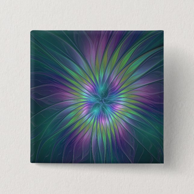 Färgfull shiny Fantasy Flower Abstrakt Fractal Art Knapp (Framsida)
