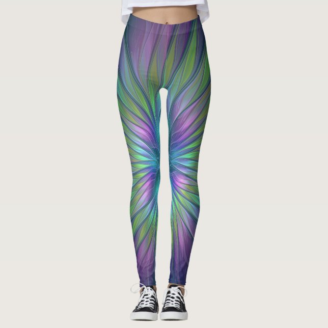 Färgfull shiny Fantasy Flower Abstrakt Fractal Art Leggings (Framsida)