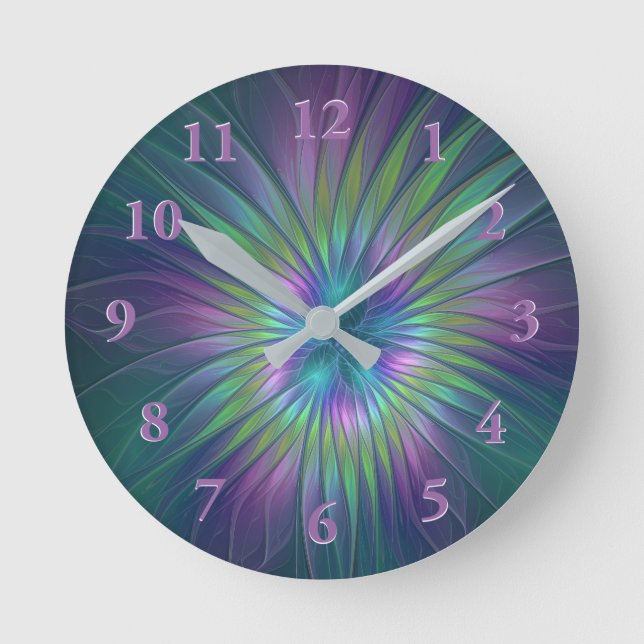 Färgfull shiny Fantasy Flower Abstrakt Fractal Art Rund Klocka (Framsida)