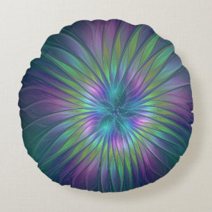 Färgfull shiny Fantasy Flower Abstrakt Fractal Art Rund Kudde