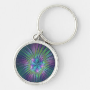 Färgfull shiny Fantasy Flower Abstrakt Fractal Art Rund Silverfärgad Nyckelring