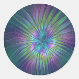 Färgfull shiny Fantasy Flower Abstrakt Fractal Art Runt Klistermärke