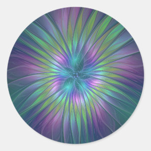 Färgfull shiny Fantasy Flower Abstrakt Fractal Art Runt Klistermärke