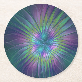 Färgfull shiny Fantasy Flower Abstrakt Fractal Art Underlägg Papper Rund