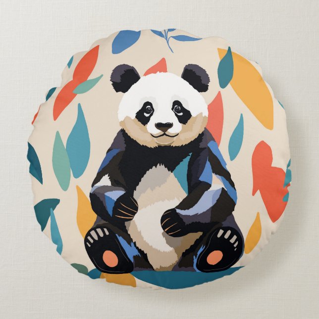 Färgfull Sitta Panda Bear Matisse Inspired Rund Kudde (Framsidan)