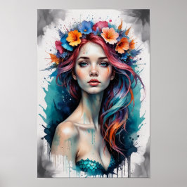 Färgfull Sjöjungfru med blommor Porträtt Poster