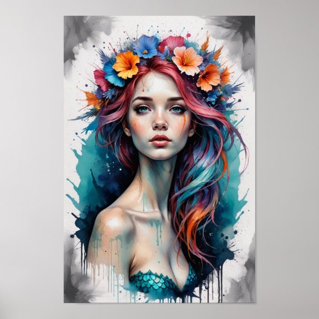 Färgfull Sjöjungfru med blommor Porträtt Poster (Framsidan)