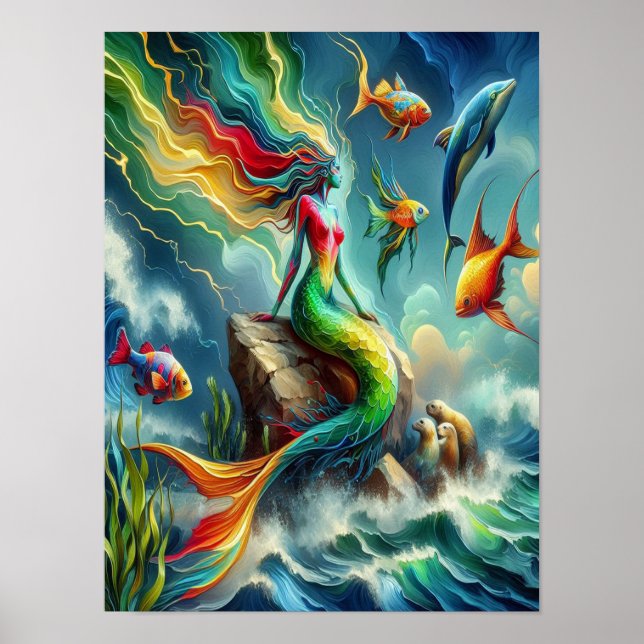 Färgfull Sjöjungfru på Rocky Shore 12 x 16 Poster (Framsidan)