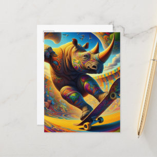 Färgfull Skateboarding Rhino Vykort