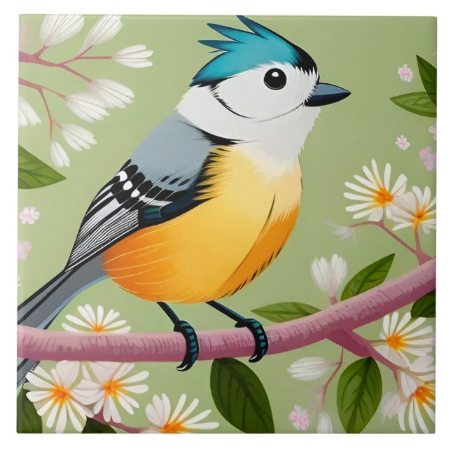 Färgfull songbird utförd på blommande Gren Kakelplatta (Framsidan)