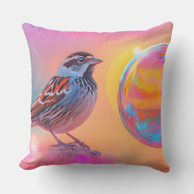 Färgfull Sparrow och Regnbåge Bubble Kudde (Framsida)