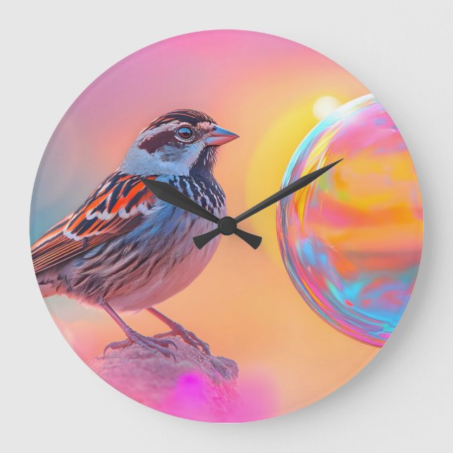 Färgfull Sparrow och Regnbåge Bubble Stor Klocka (Framsida)