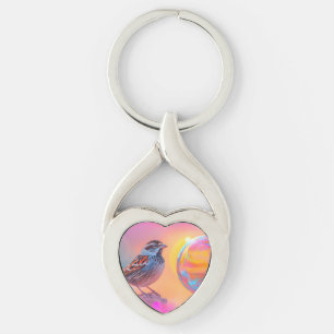 Färgfull Sparrow och Regnbåge Bubble Twisted Heart Silverfärgad Nyckelring