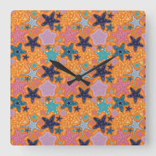 Färgfull Starfish med orange färg bakgrund. Fyrkantig Klocka