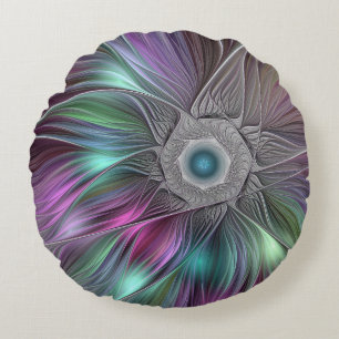 Färgfull stor blomma Abstrakt Trippy Fractal Art Rund Kudde