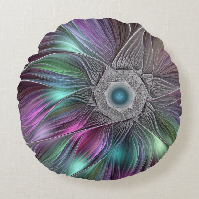 Färgfull stor blomma Abstrakt Trippy Fractal Art Rund Kudde (Framsidan)