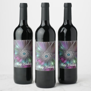 Färgfull stor blomma Abstrakt Trippy Fractal Art Vinflaska Etikett