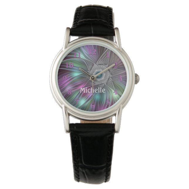 Färgfull stor blomma Abstrakt Trippy Fractal Namn Armbandsur (Framsida)